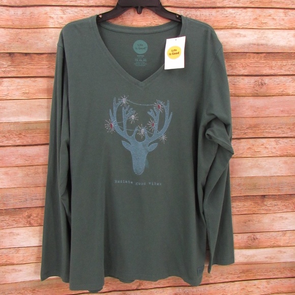 Life is Good Green V-Neck 'Radiate Good Vibes' Long Sleeve Tee Women's XXL - Picture 1 of 16